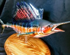 Wood Sail Fish Full Mount Silk Oak on Cypress Base